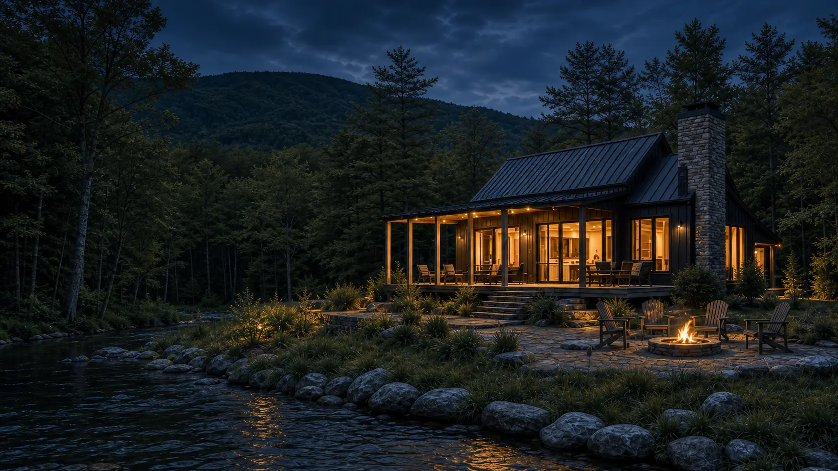 A warmly lit cabin beside a stream in the Catskills at dusk
