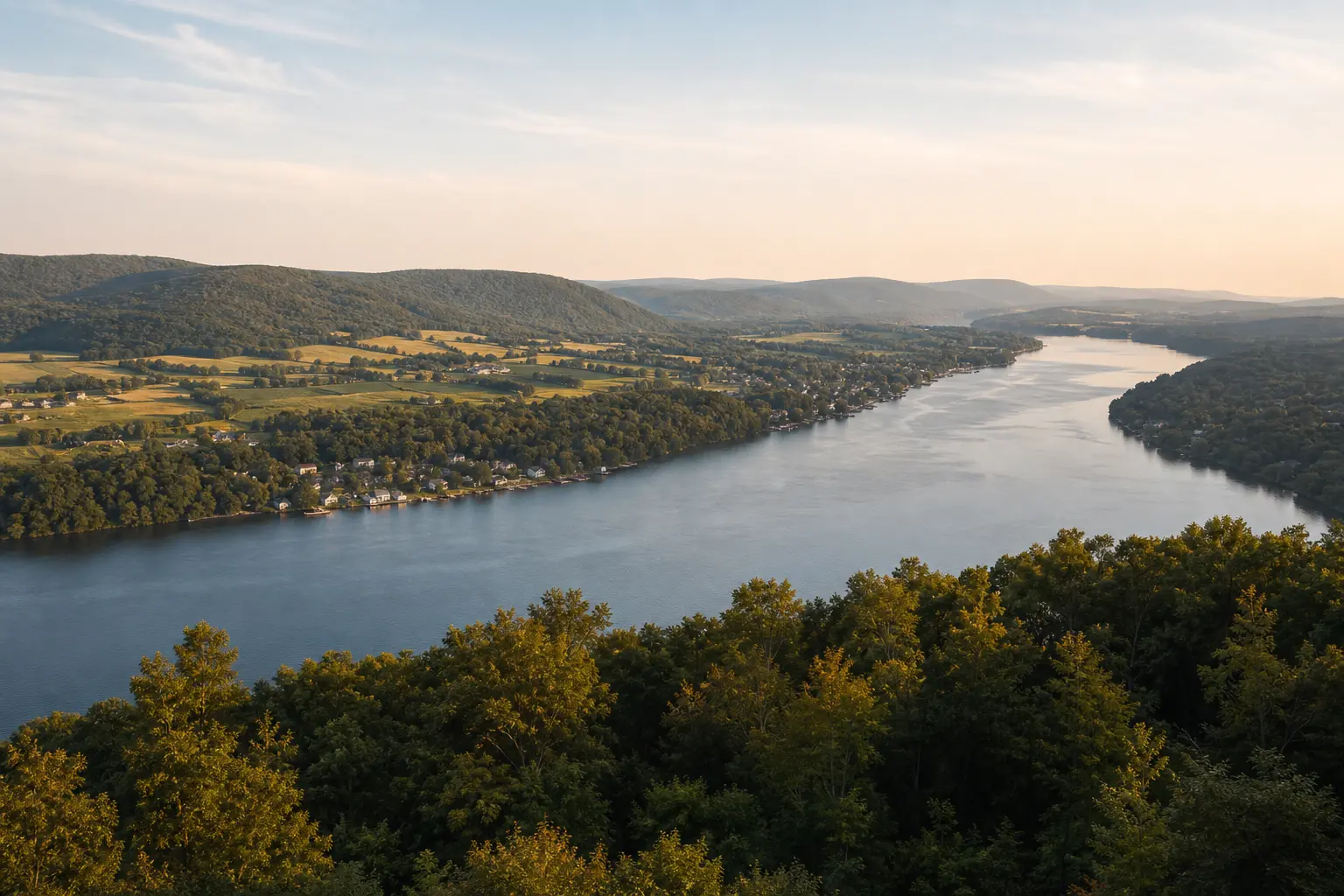 The Hudson River winding through green hills and farmland